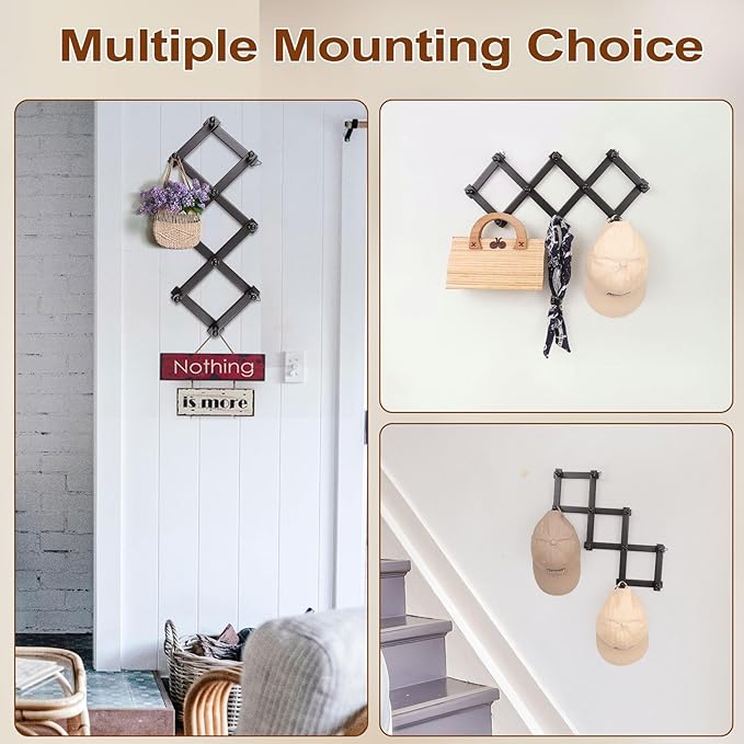 SCUNDA Expandable Hat Rack for Wall, Wall Hook for Coat/Mug/Baseball Cap, 2 Packs Hat Holder for Girls or Boys Room, Kids Roo