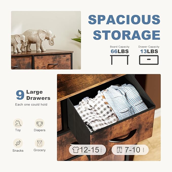 DUMOS Dresser for Bedroom, Storage Organizer with 9 Drawers, Chest of Drawers with Fabric Bins, Sturdy Metal Frame, Wood Tabl