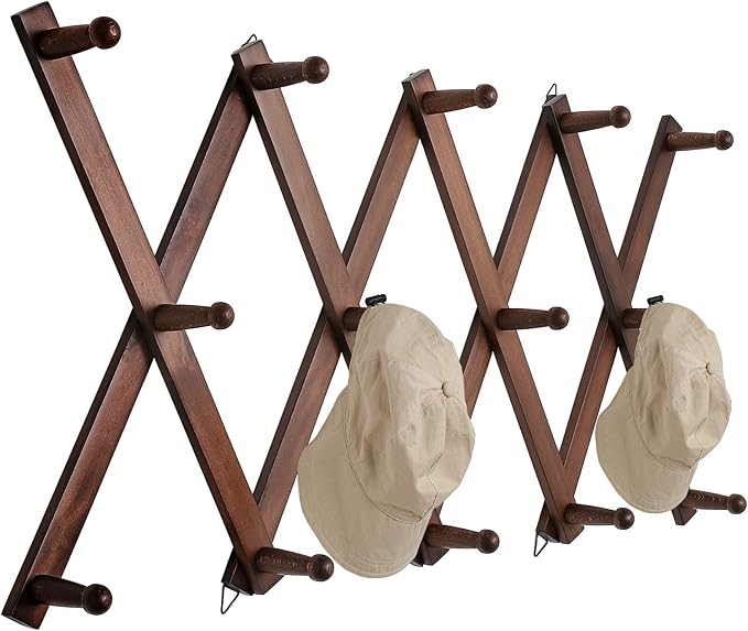 SCUNDA 16 inch High Accordion Wall Hanger with 14 Hooks, Wooden Wall Expandable Coat Rack for Coat, Hats, Baseball Caps, Coff