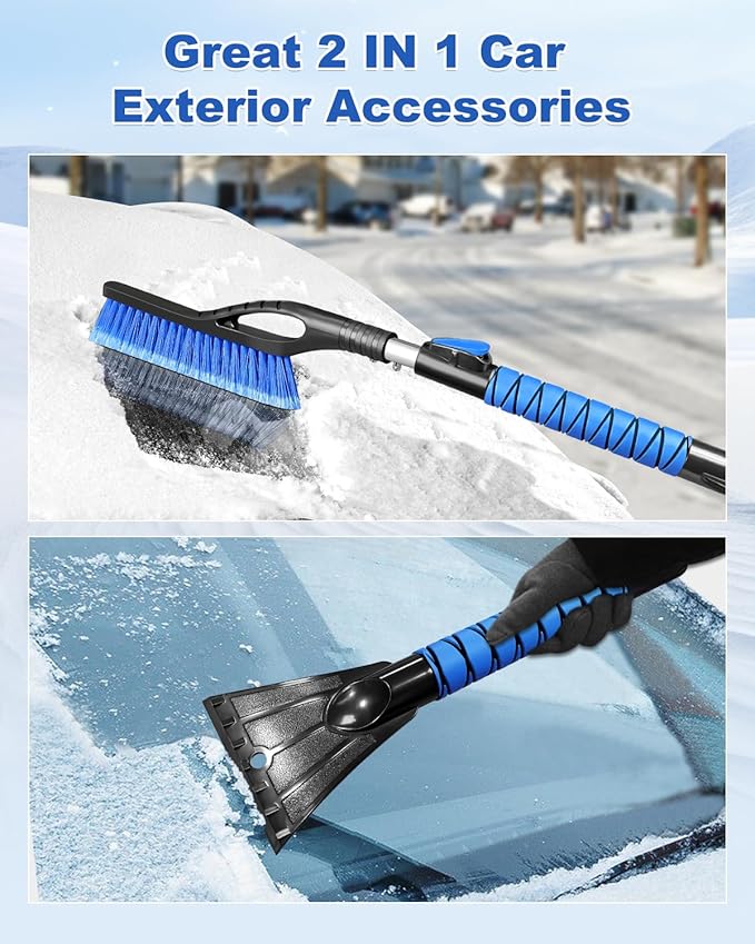 33'' Snow Brush and Ice Scraper for Car Windshield, Aluminum Extendable Snow Removal Tool for Car Window with Foam Grip, Soft Broom Head for Car SUV Vehicle Winter Accessories
