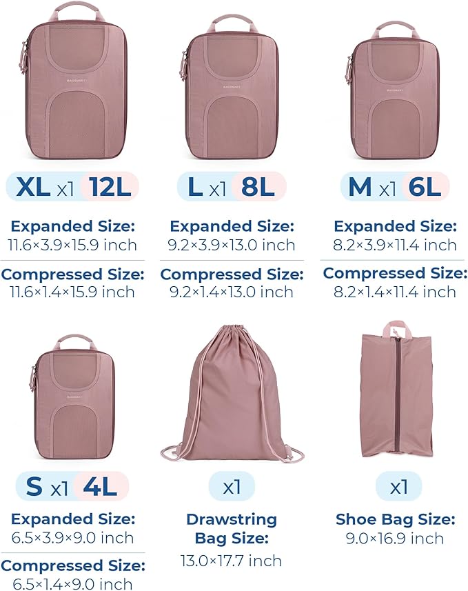 BAGSMART Compression Packing Cubes, 6 Set Packing Cubes for Suitcases, Lightweight Suitcases Organizers Bag Set & Compression