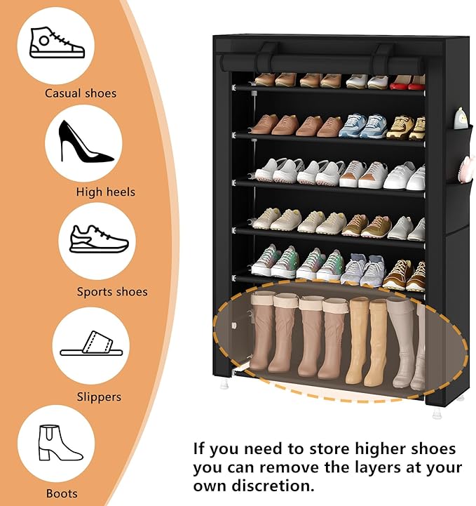 Laiensia 7-Tier Vertical Shoe Rack Organizer, Space Saving Shoe Storage Organizer, Non-Woven Cover Shoe Shelf Holds 28-35Pair