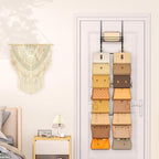 SWTYMIKI Over The Door Purse Organizer - Wall Mounted Handbag Organizer with 16 Hooks and Metal Basket, Hanging Purse Storage