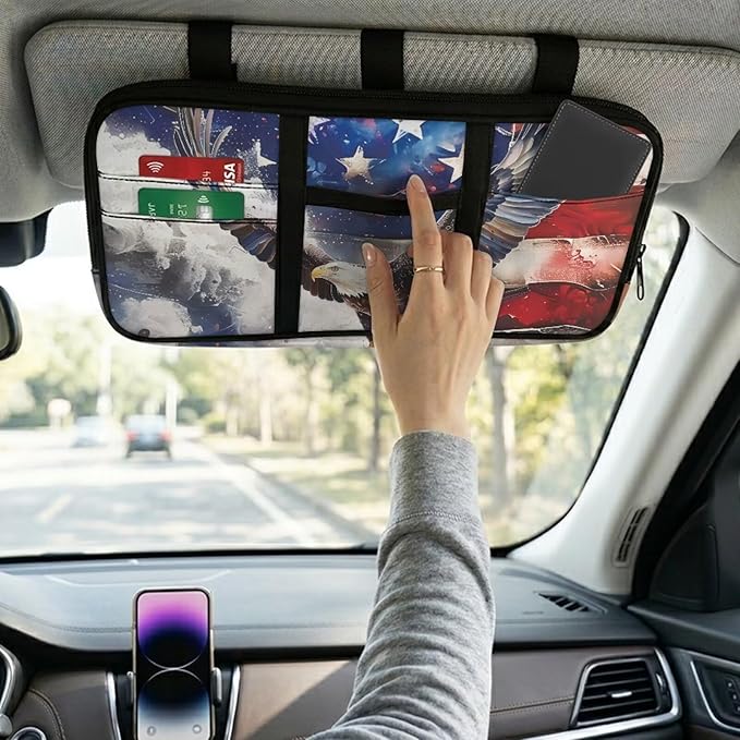 Flag Print Car Sun Visor Organizer Tactical Sunvisor Organizers with Zipper Storage Pouch Universal Accessories for Truck SUV,American Flag Eagle