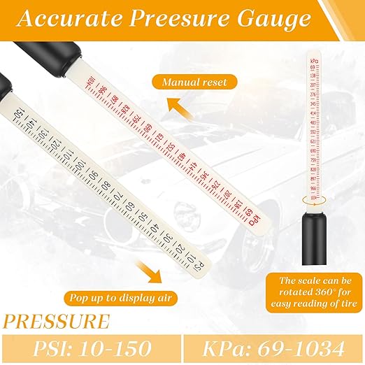 Yunsailing 10 Pcs 10 Pcs Dual Head Tire Pressure Gauge Heavy Duty Truck Tires Air Pressures Gauges with Hook Range 10-150psi, 0.7-10.3bar for Semi Trucks Car Bus Rv Van (Black)