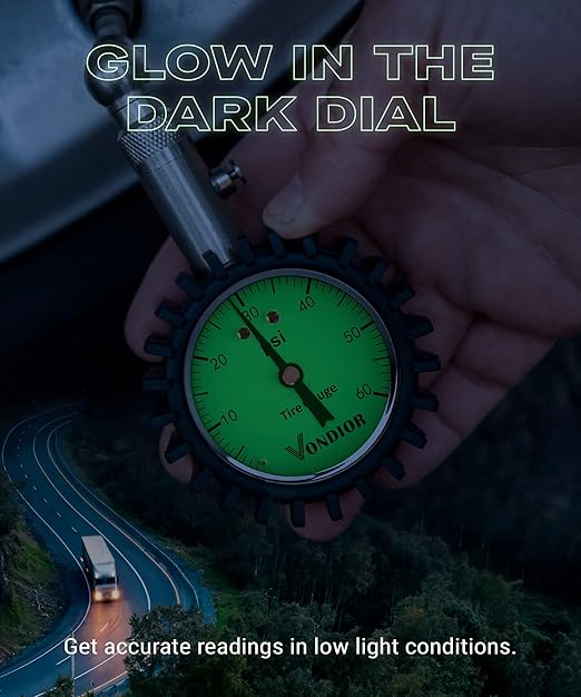 Tire Pressure Gauge - (0-60 PSI) Heavy Duty, Certified ANSI Accurate with Large 2 Inch Easy to Read Glow Dial, Low - High Air Pressure Gauge. Tire Gauge for Car and Trucks Tires by Vondior
