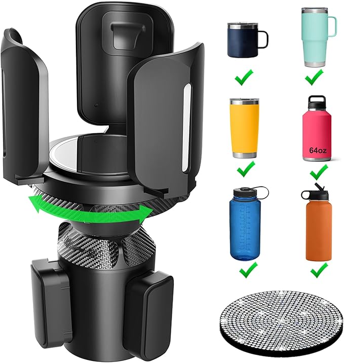 Upgraded 64oz Large Cup Holder Expander with Coaster for Car, Expandable Cup Holder Adapter with Adjustable Base, Universal C