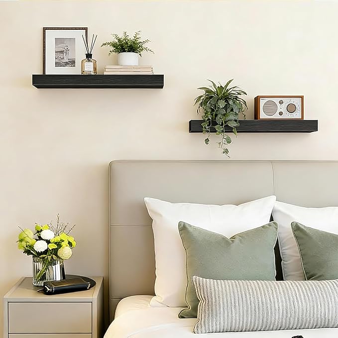 15.7 inch Black Floating Shelves Set of 2, Solid Wood Wall Mounted Shelves, Heavy Duty Display Storage Shelves for Bedroom, L