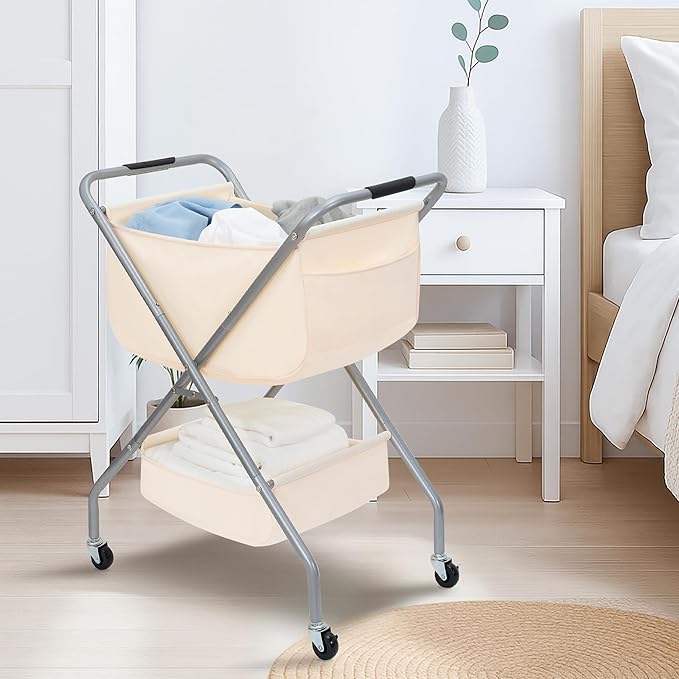 STORAGE MANIAC Collapsible Laundry Cart with Wheels 31.5"H Rolling Laundry Hamper Clothes Basket with Wheels, Canvas Liner St