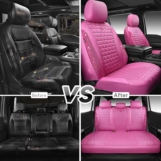 CAR PASS Hot Pink Bling Diamond Leather Car Seat Covers Full Sets, Waterproof Shining Glitter Sparkly Crystal Universal Armre