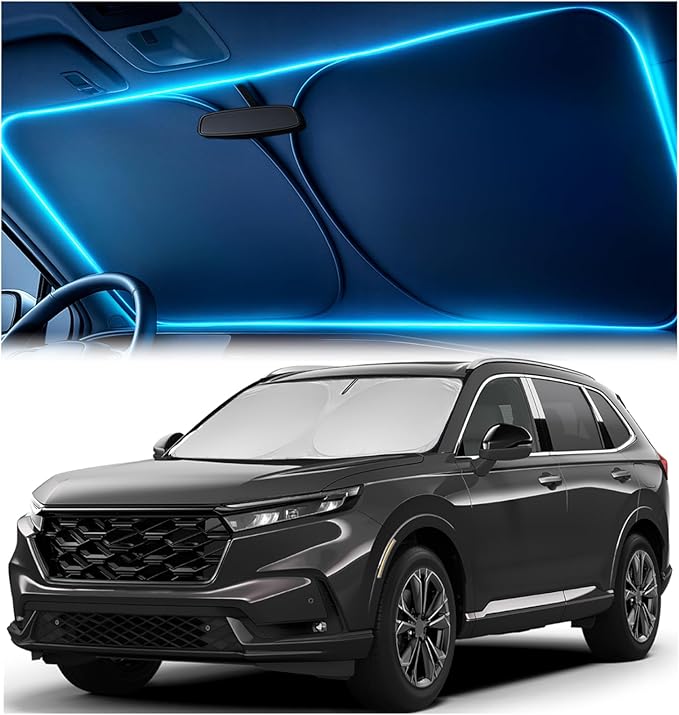 Windshield Sun Shade for Honda CR-V 2023 2024 2025 2026 – Custom Fit Sun Shield with Mirror Cut‑Out, Blocks Heat & UV, Foldable with Storage Pouch - Honda CRV Windshield Sunshade