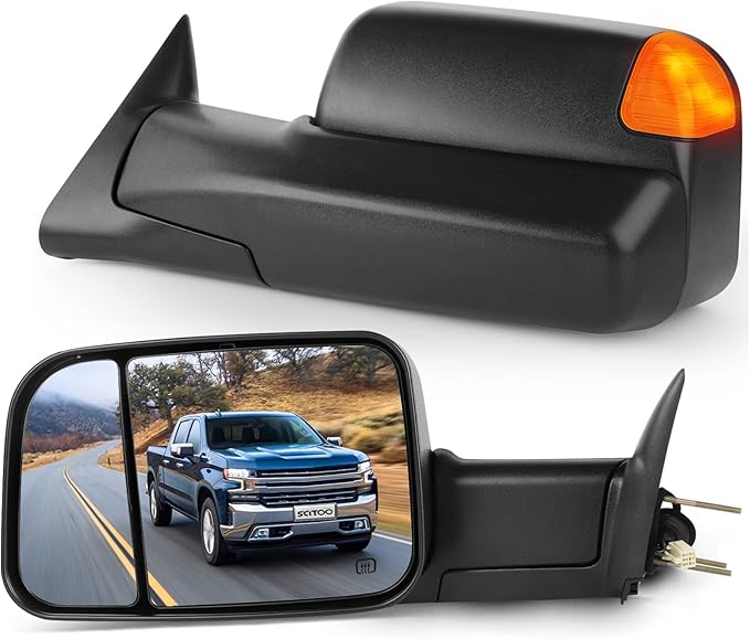 Towing Mirror Compatible With 1998-2001 for Dodge for Ram 1500 for Ram 2500 for Ram 3500 Pickup Truck Tow Mirror Adjusted Heated Turn Signal Light Manual Folding and Flip Up 1 Pair