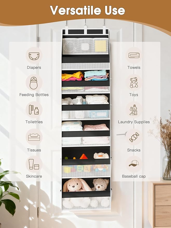 Criusia Over the Door Organizer, Heavy-Duty 6-Shelf Hanging Storage with 13 Mesh Pockets, 55lbs Capacity Behind the Door Stor