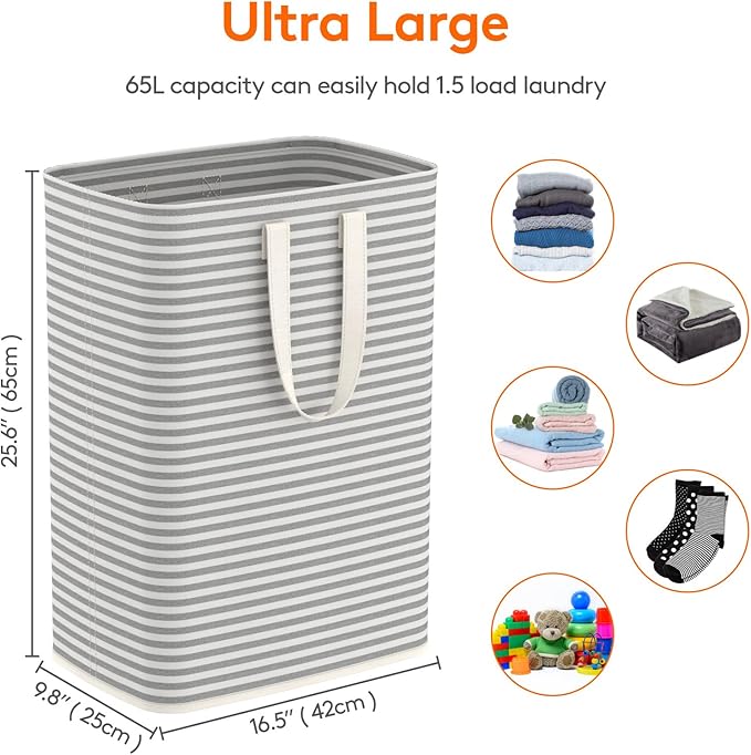Lifewit 1 Pack Laundry Basket 65L Each, Collapsible Clothes Hamper with Reinforced Handles, Freestanding Waterproof Design fo