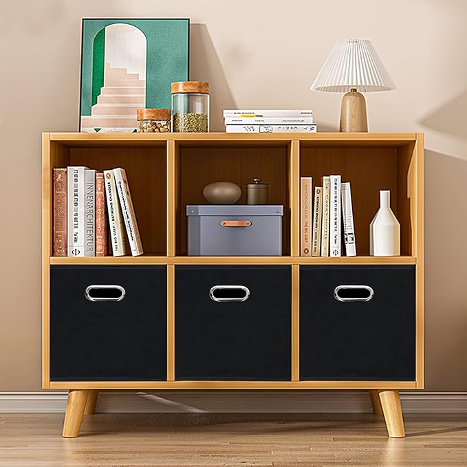 Black Fabric Cubby Storage Bins，13x13x13 Inches ，Cube Organizer Bin Foldable Storage Boxes with Dual Handles Fabric Organizer
