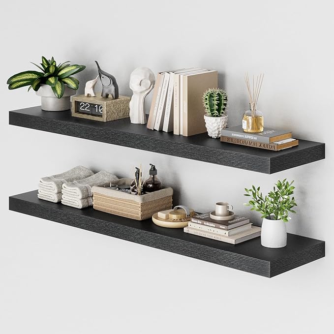 Heimlove 48W x 12D Long Floating Shelf, 12 Inch Deep Black Floating Shelves for Wall Set of 2, Wood Shelves for Bedroom Livin