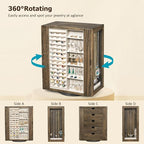 Emfogo 360° Rotating Jewelry Box for Women, Rustic Wooden Jewelry Organizer Box with 5 Drawers, Glass Doors, Vertical Open De