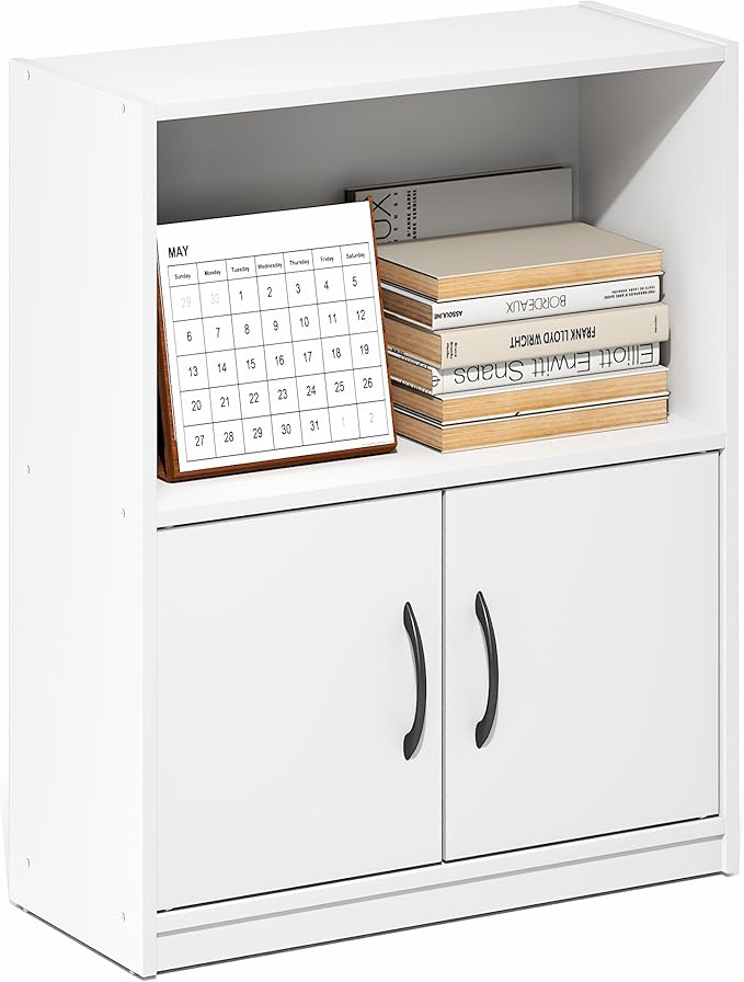 Furinno Gruen Book Shelf, 2-Tier Small Bookshelf, Bookcase with Open Shelf and Doors Storage Cabinet, 9.3 x 21.8 x 27, for Or