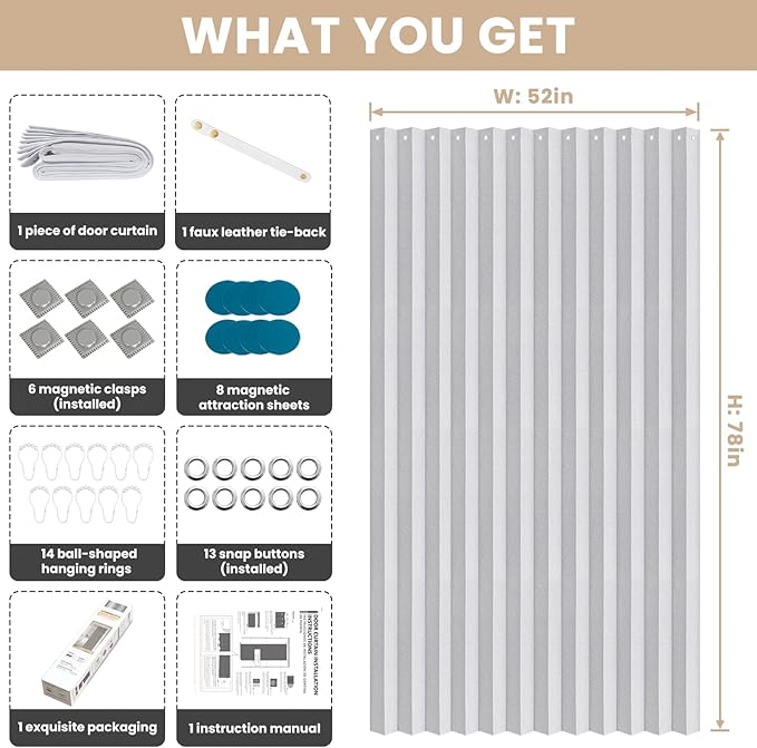 Jilron Accordian Door Curtain, 100% Blackout Folding Magnetic Doorway Curtains,Linen Style Closet Doors,for Room Divider,Priv