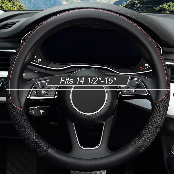 KAFEEK 15 inch Steering Wheel Cover, Cooling Ice Silk Mesh with Microfiber Leather, Ultra Breathable, Anti Slip Car Grip, Hea