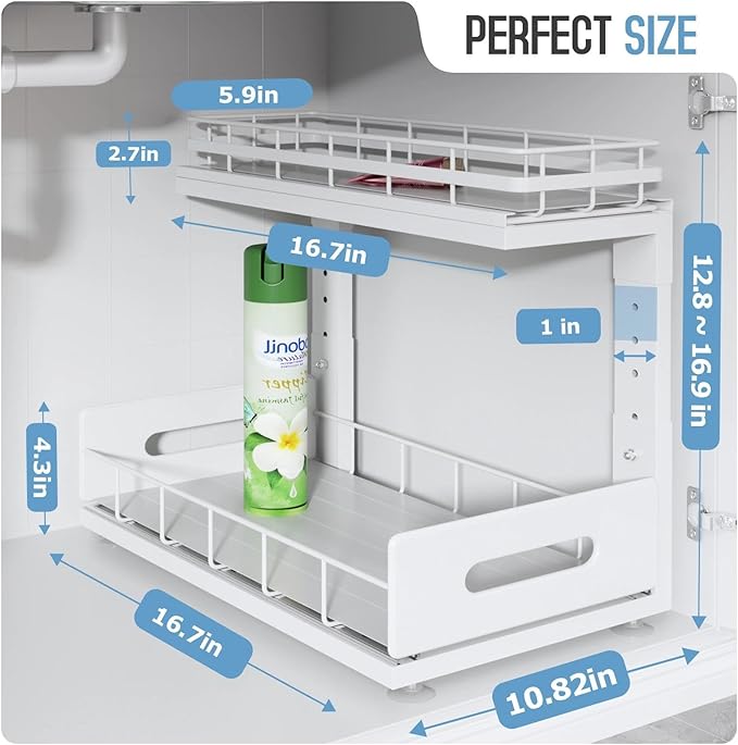 Under Sink Organizer Upgrade To Professional Rails,2-Tier Dual Pull Out Cabinet Storage,Height Adjustable Slide Out Drawers F