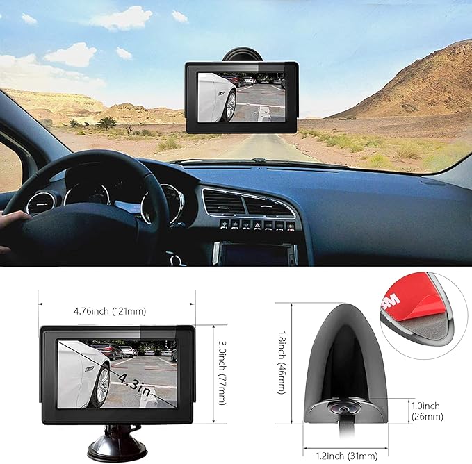 3T6B Side View Camera and 4.3” Monitor Kit, Car Door Tape Mounting Blind Spot Camera, Parking Assistance System with HD LCD S