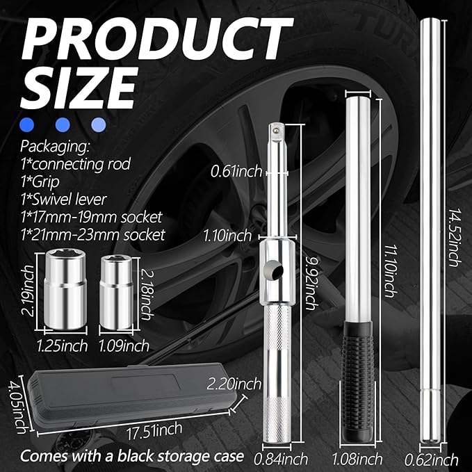 Extended Lug Nut Removal Tool Kit with 4 Way Lug Wrench,23" Telescopic Tire Iron Lug Wrench with 2 Standard Sockets(17,19,21,