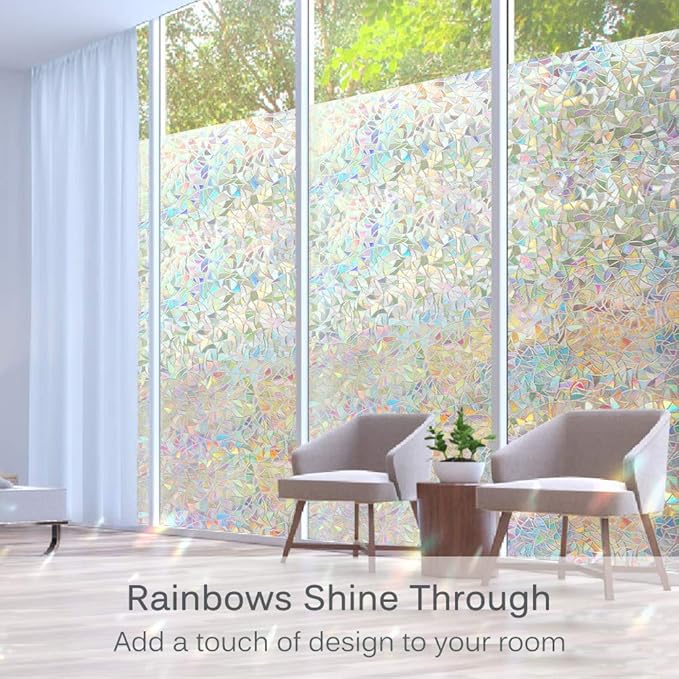 Volcanics Window Privacy Film with Installation Tools, Static Window Clings Vinyl 3D Window Decals Window Stickers Rainbow Window Film for Glass Door Heat Control Anti UV 35.4 x 157.4 Inches
