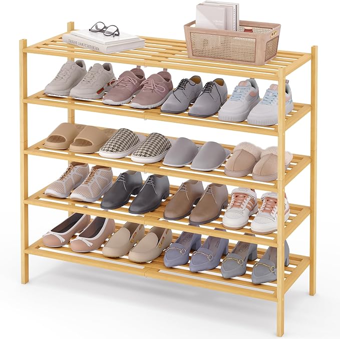 Smiry Long Bamboo Shoe Rack 5-Tier, Stackable Wooden Shoe Organizer for Entryway & Closet, Free Standing Wood Shoe Storage Sh