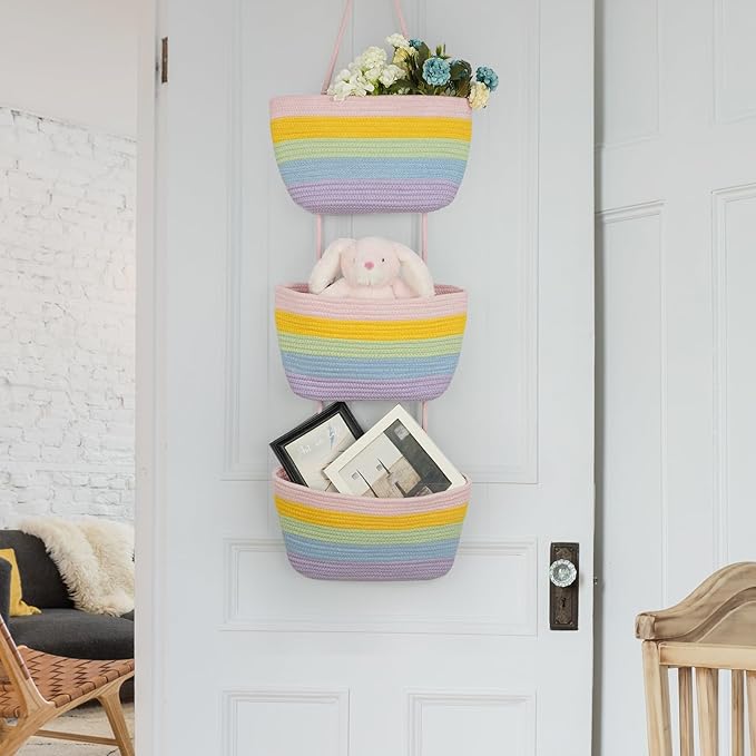 TeoKJ Over the Door Hanging Basket, 3-Tier Woven Cotton Wall-Mounted Storage Organizer Bag Decorative Hanging Nursery Baskets