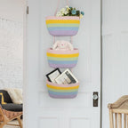 TeoKJ Over the Door Hanging Basket, 3-Tier Woven Cotton Wall-Mounted Storage Organizer Bag Decorative Hanging Nursery Baskets