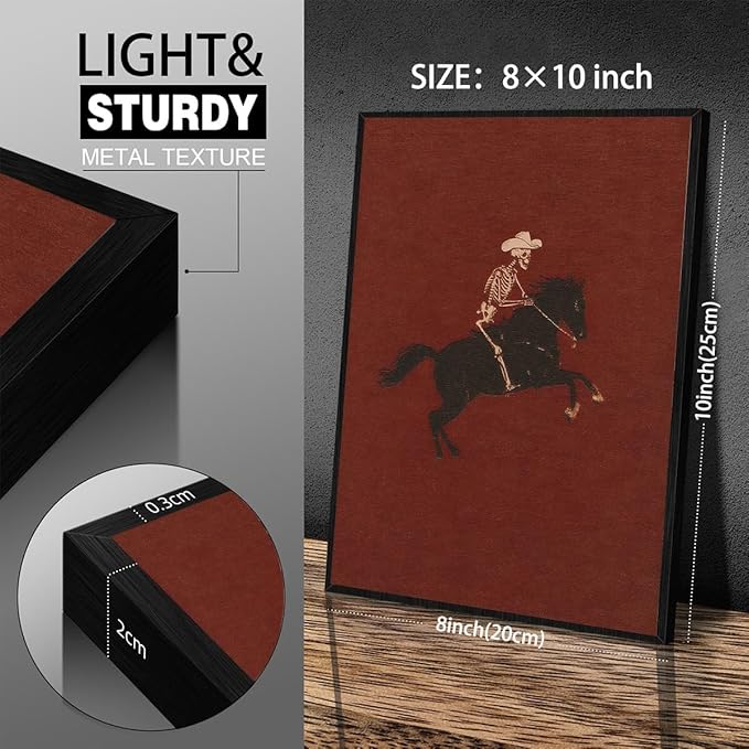 Retro Western Black Framed Wall Art Skeleton Cowboy Poster Vintage Bucking Bronco Prints Quirky Western Horse Rider Painting 