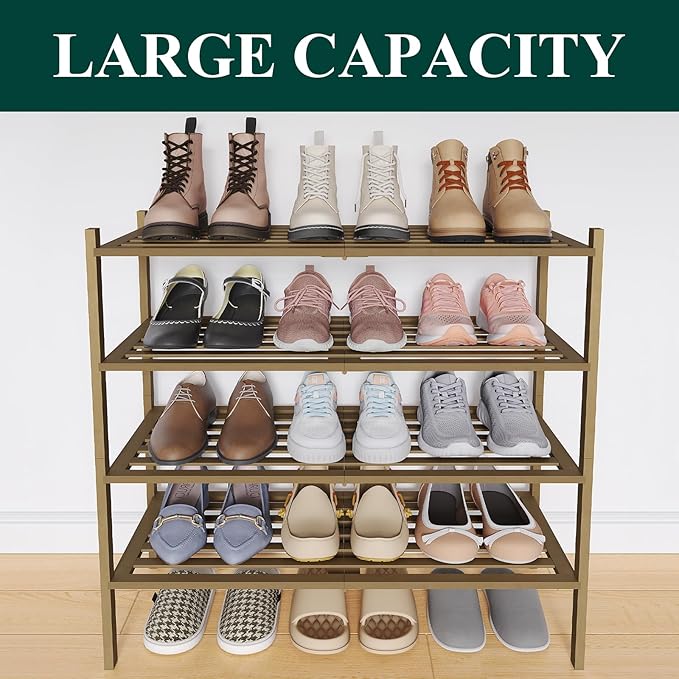 Smiry Bamboo Shoe Rack 4-Tier, Stackable Wooden Shoe Organizer for Entryway & Closet, Free Standing Wood Shoe Storage Shelf f