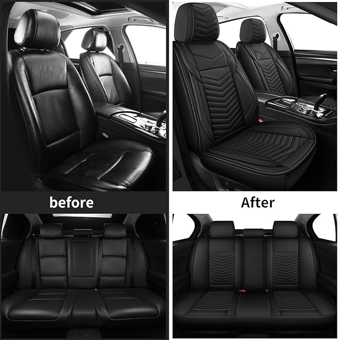 Nappa Leather Car Seat Covers Full Set, Black Car seat Protector 5 Seats, Waterproof Car Seat Cushion, Universal Automotive S