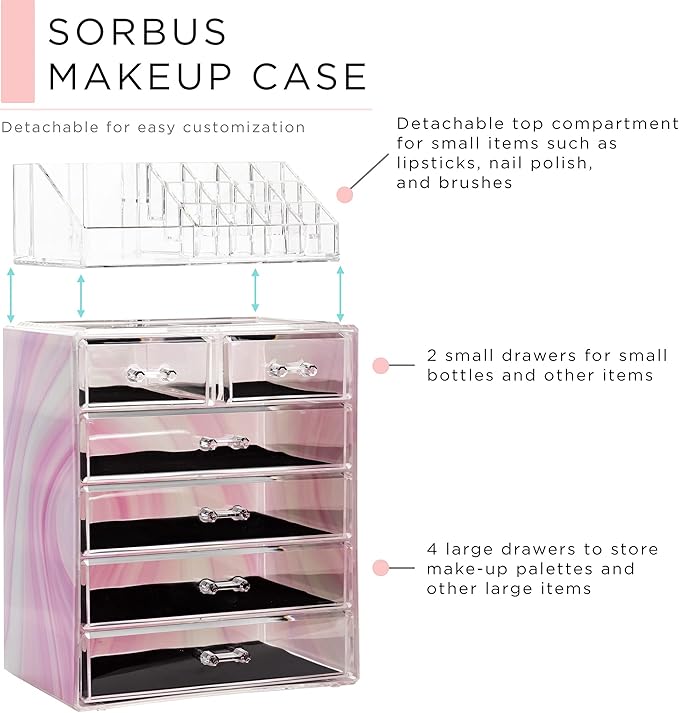 Sorbus Acrylic Makeup Organizer Set, 6-Drawer Vanity & Countertop Cosmetic Storage with Small & Wide Compartments, Tie Dye Ma