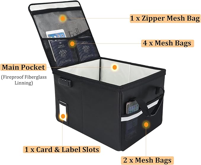 File Box with Lock 5200°F with Heat Insulated,Fireproof Box File Storage Organizer Anti-Static,Collapsible Fireproof Document