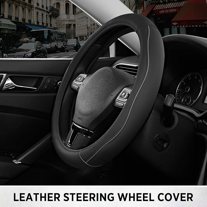 Road Comforts Leather Steering Wheel Cover with Decorative Trim and Piping, Anti-Slip Breathable Design, Fits 14.5–15 Inch Ro