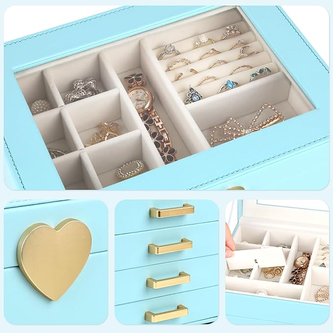 Kendal Jewelry Box, 5-Layer Jewelry Organizer Box with Glass Lid, Blue, Heart Shaped PU Leather, Storage Box for Necklace Ear