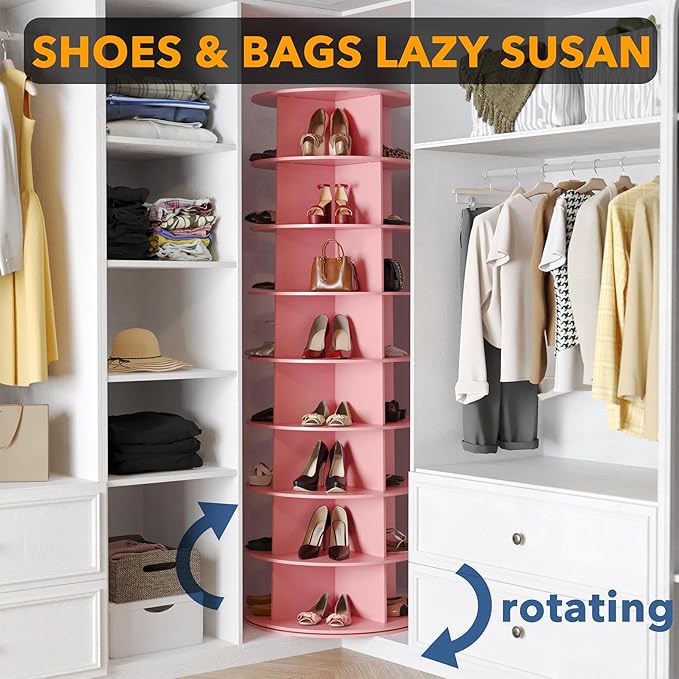 SpaceAid 8 Tier Rotating Shoe Rack Tower, Spinning Shoe Display Lazy Susan, Revolving 360 Shoe Rack Storage Round Carousel, V