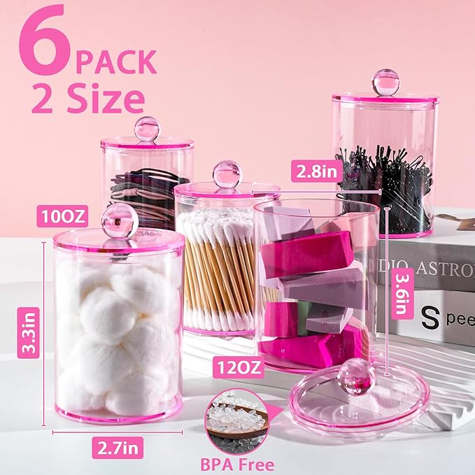 XIPENGKEJI 6 Pack Qtip Holder,Canister Apothecary Jar Set, Bathroom Jars with Lids Set for Cotton Swabs, Balls, Pads, Floss P
