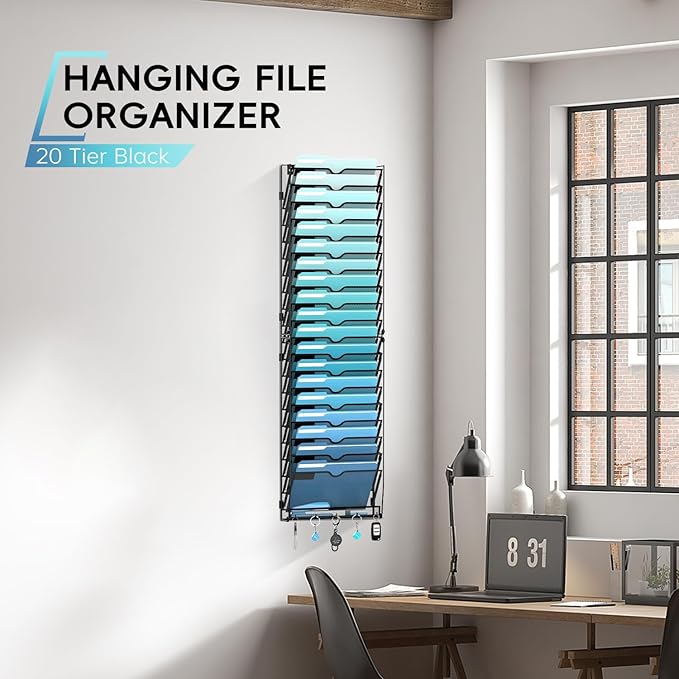 20-Tier Wall File Organizer with 5 Hooks, Hanging Mail Organizer Wall Mounted File Holder, Magazine Rack for Papers, Folders,