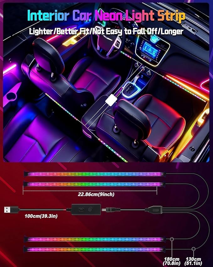 Car LED Strip Lights,72 LED Interior Strip Lights Dream Color RGB+IC with Smart APP Remote Control,Multicolor Footwell Under Dash Chasing Inside Light Kits Music Sync Mode,for Cars Truck ATV UTV