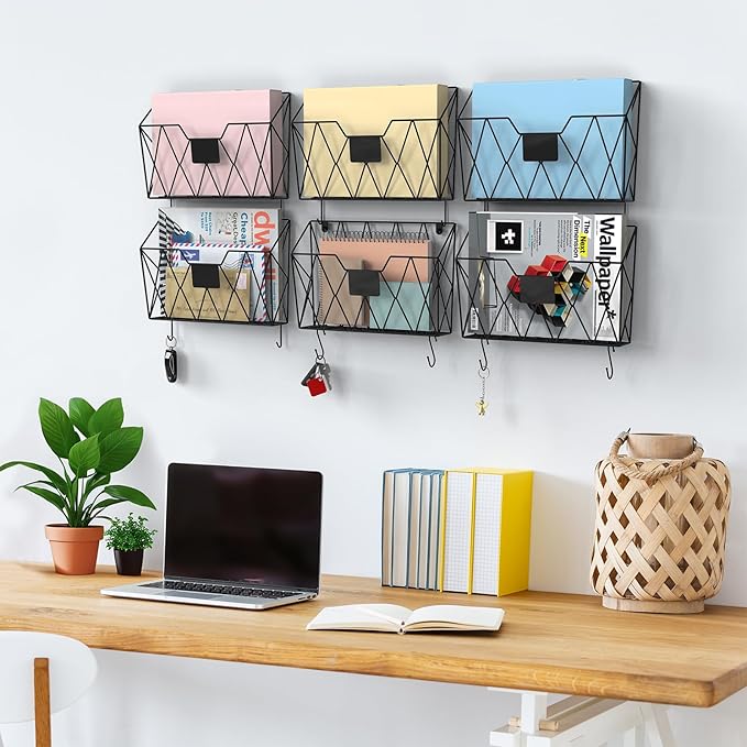 YBING Wall File Organizer Mesh Hanging Wall-mount Files Holder 6 Pack Hanging Wire Magazine Rack and Mail Holder with Hooks O