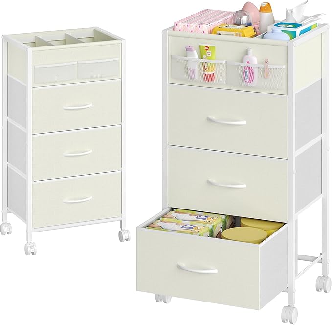4-Tier Baby Diaper Caddy Organizer Cart with 3 Storage Drawers, Rolling Cart with Dividers & Side Pockets for Nursery, Baby E