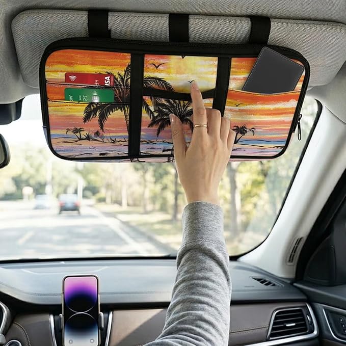 Sunset Palm Trees Car Sun Visor Organizer Anti Slip Car Sun Visor Storage Bag Easy to Store Cars Accessories Keep Tidy Universal for SUV Truck Van