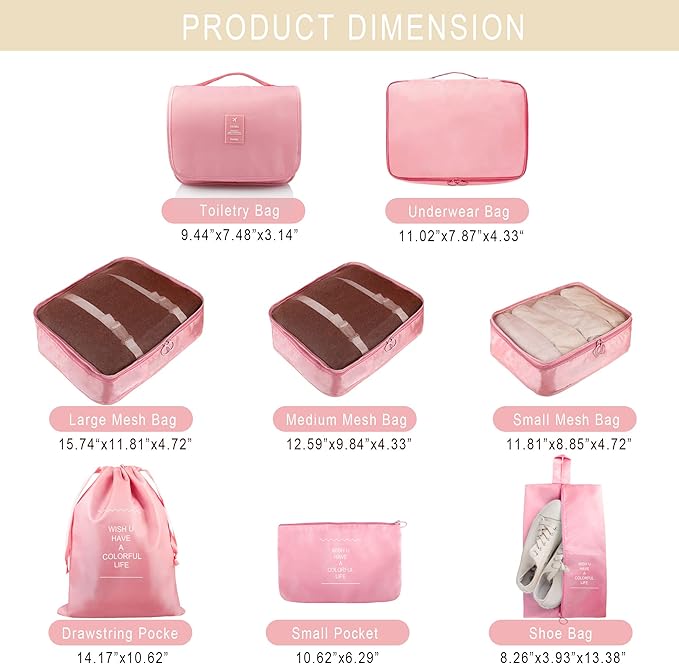 Packing Cubes, 8 Pcs Travel Packing Organizers for Suitcases, Large Capacity Travel Luggage Organizers Set includes 8 Storage
