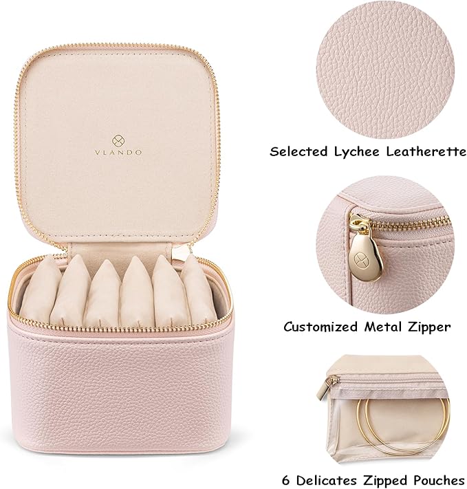 VLANDO Travel Jewelry Box Organizer – Portable PU Leather Jewelry Case with 6/8/12 Zippered Pouches, Compact Storage for Earr