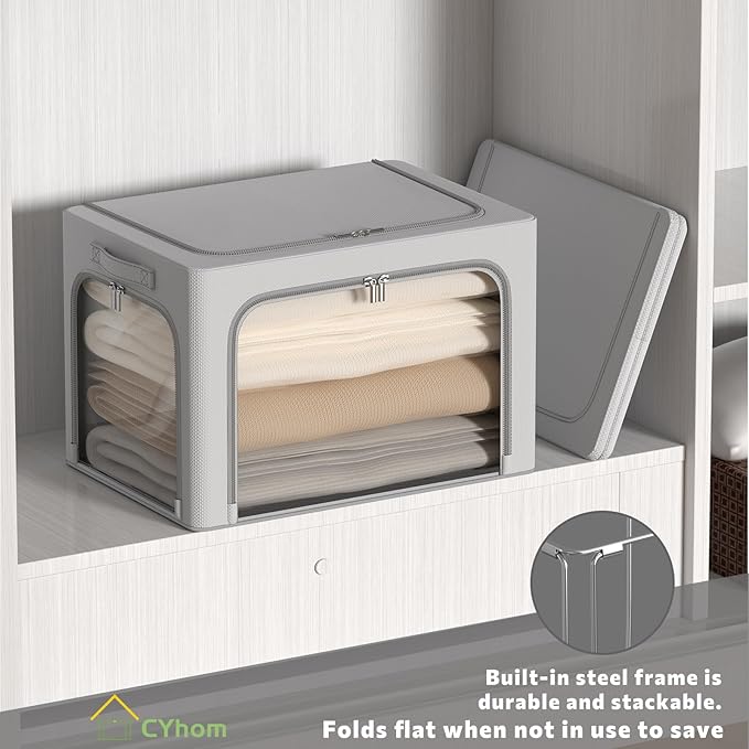 3Pack Clothes Storage Bins - Oxford Frame Storage Box Foldable Stackable Storage Organizer with 3 Openings Design, Metal Fram