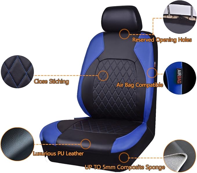 Universal Deluxe Pu Luxury Vinyl Faux Leather Car Seat Covers Full Set, Airbag Compatible, Breathable, Fit for Cars, Trucks, 