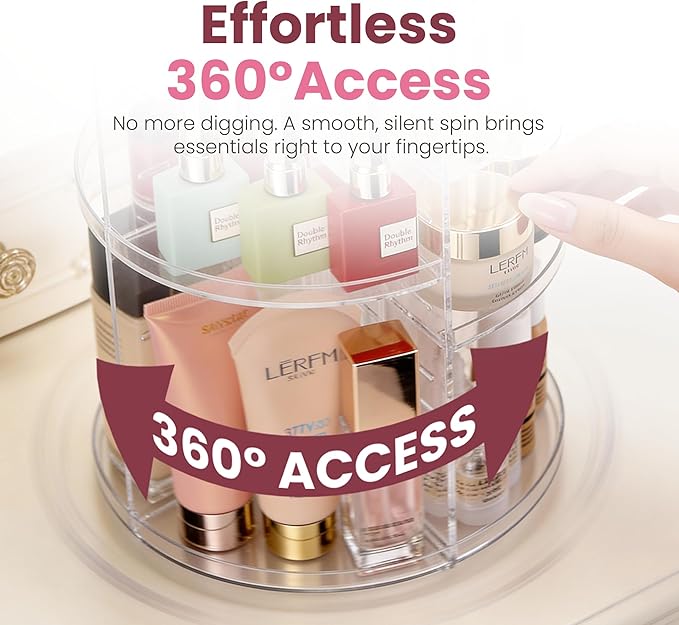 Masirs 360 Rotating Makeup Organizer Countertop - Adjustable Shelf Height - The Perfect Round Spinning Cosmetic Organizer for